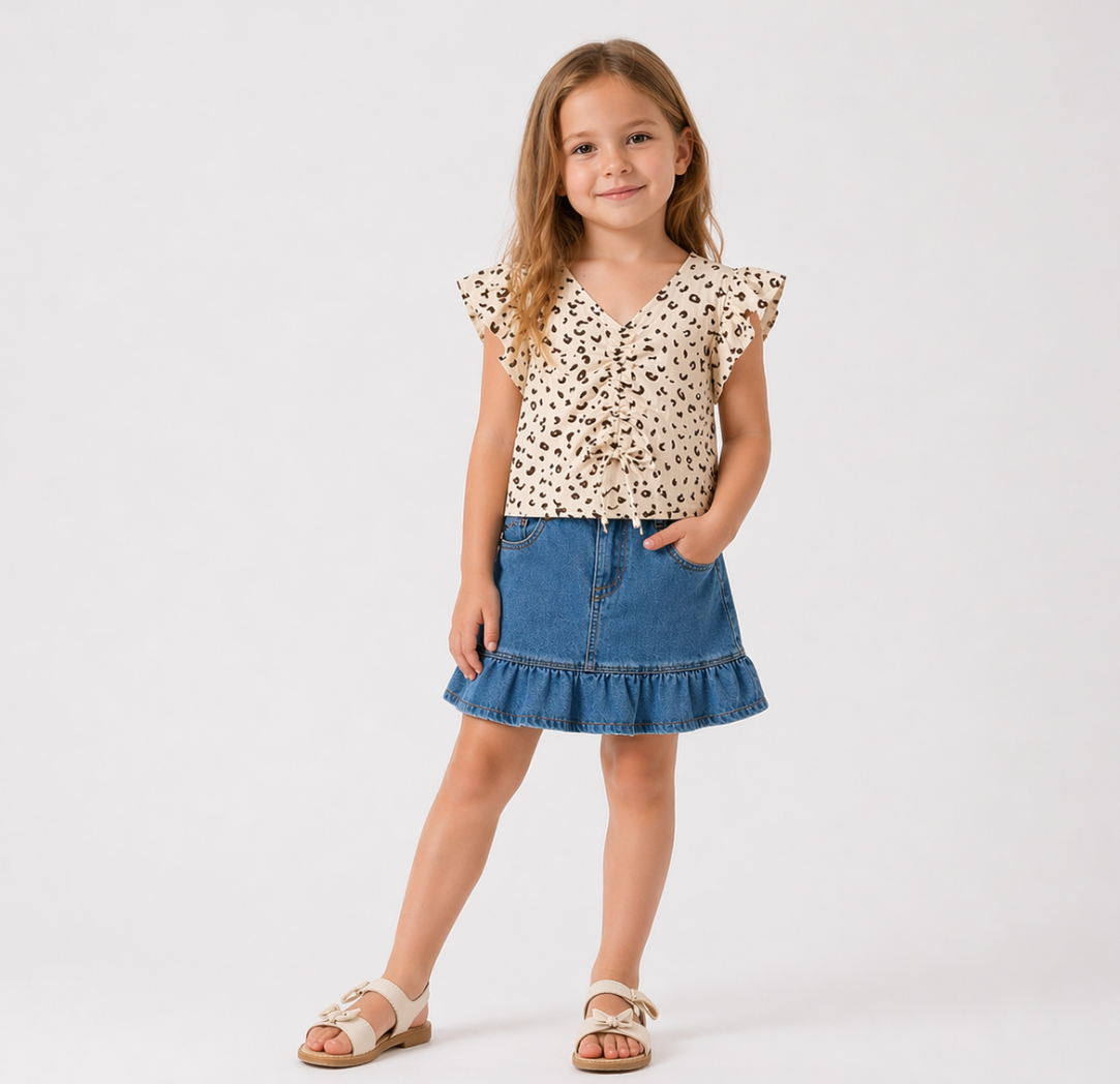 Girls Ruffle Top & Denim Skirt Set